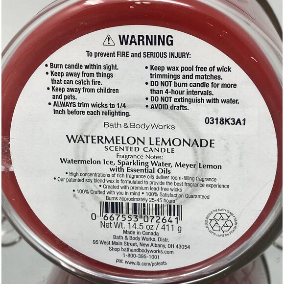 Bath & Body Works White Barn Watermelon Lemonade 3 Wick Candle 14.5 oz NEW - Picture 3 of 3